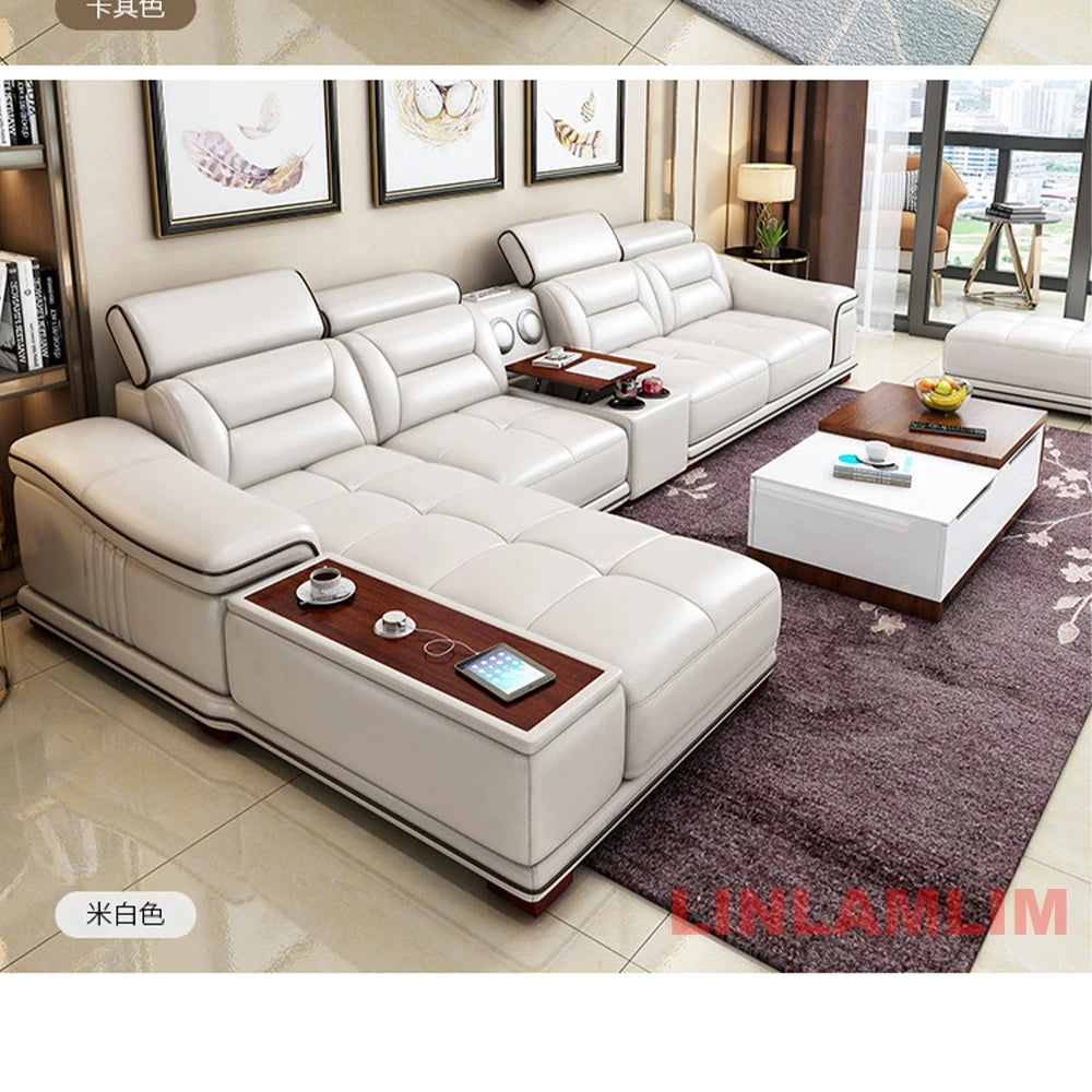 Modern L-Shaped Genuine Leather Sectional Sofa with Chaise Lounge, Adjustable Headrests, USB, Bluetooth Speaker & Cup Holder