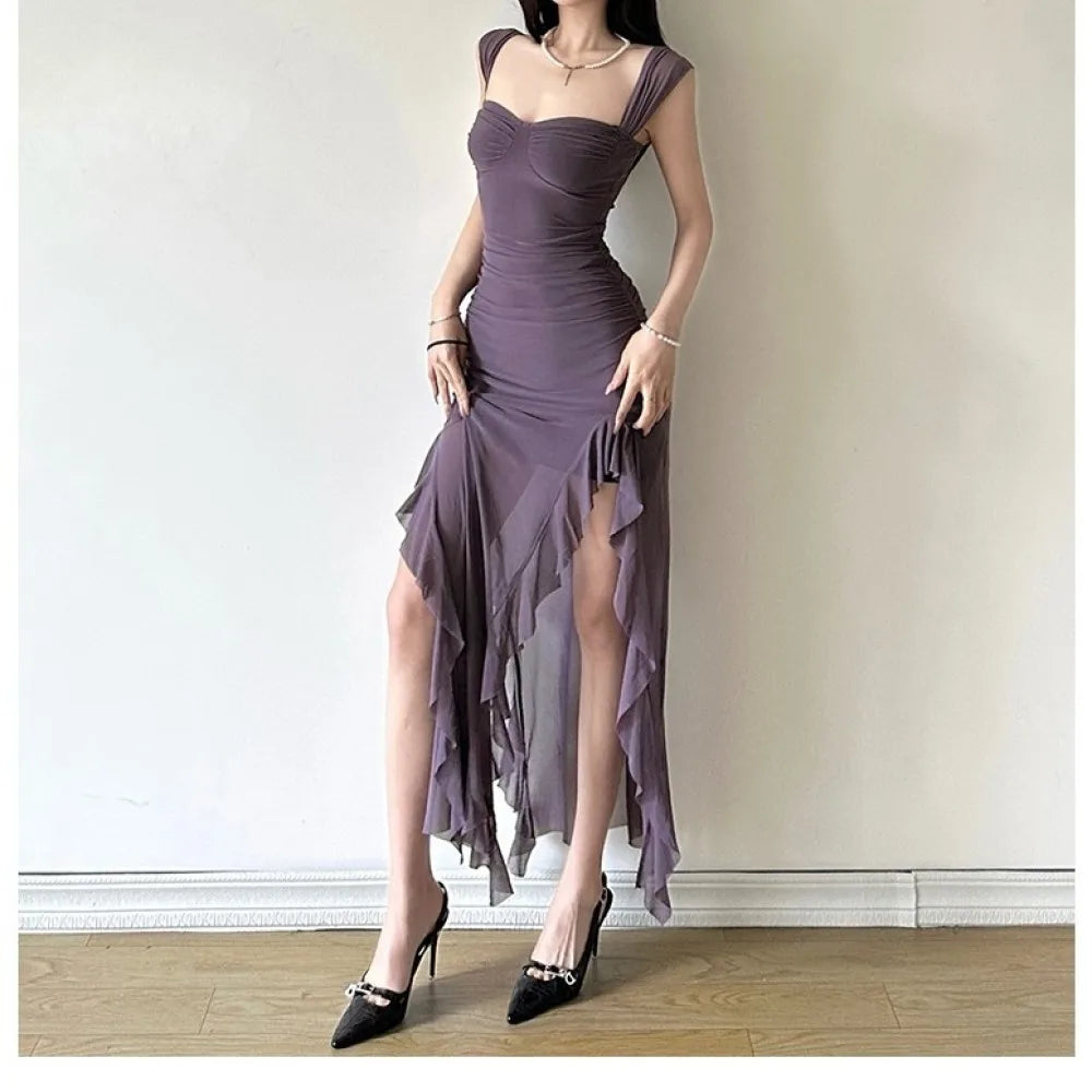 SylCue Ruched Ruffle Elegant Dress Women Sexy Off Shoulder Backless Mesh See Through Splits Hem Midnight Prom Party Long Bodycon