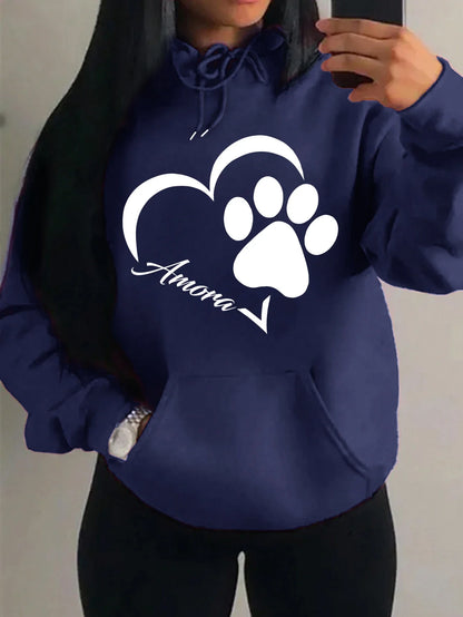 Love And Little Cat Foot Creative Print Women Hoody Fashion Autumn Sweatshirt Pocket Hoodie Sport Style Comfortable Pullover