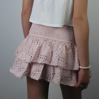 Women A-Line Pointelle High Waist Layered Ruffle Skirt Shirred Mini Skirt Summer Solid Color Sweet Skirts Black/White/Pink
