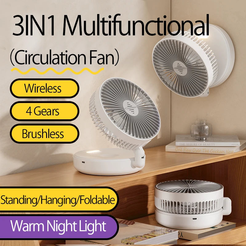 2024 New Rechargeable 3IN1 Multifunctional Portable Fan Wall Mounted Fan 90° Folding Fan 4 Gears With Warm Night Light