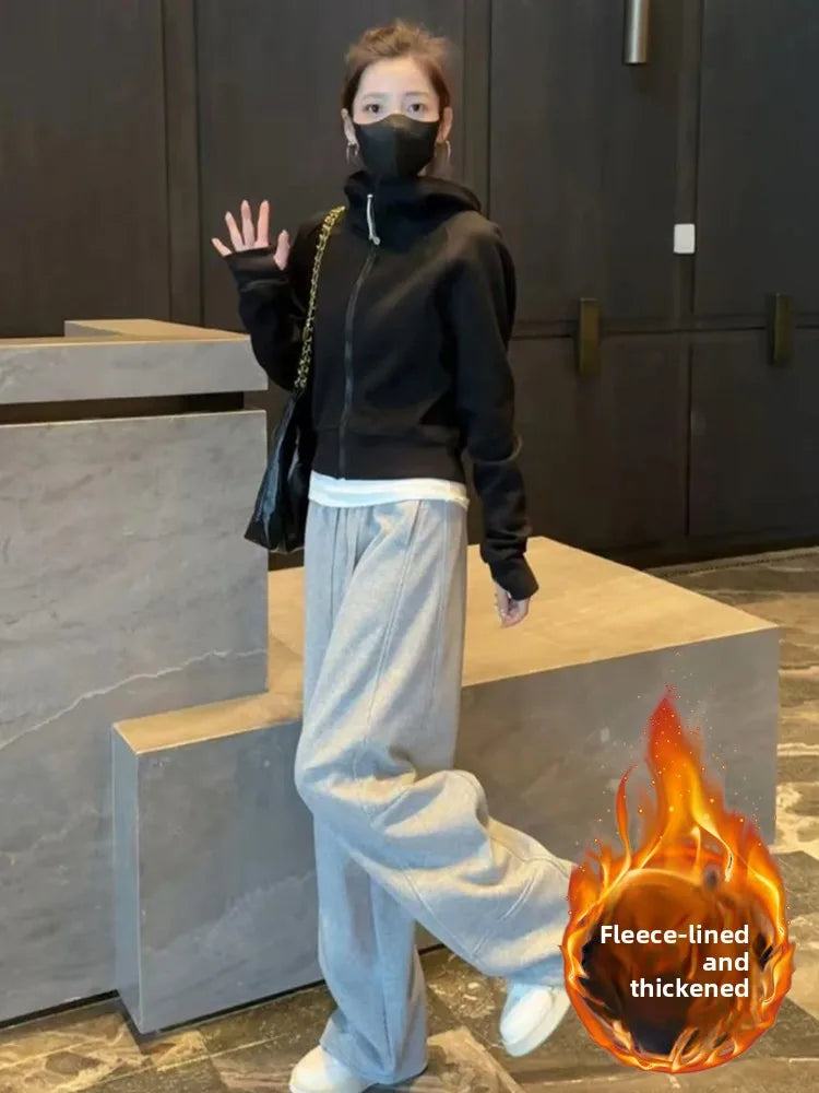 Korean Sle Winter New All-Match Hooded Zipper ort Sweatirt Jaet Thiened Fce Warm Casual Pants Set