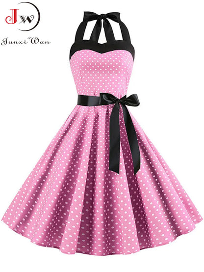 Women Summer Polka Dot Vintage Dress Fashion Party Office Lady 50s 60s Rockabilly Big Swing Halter Clothes Tunic Vestidos