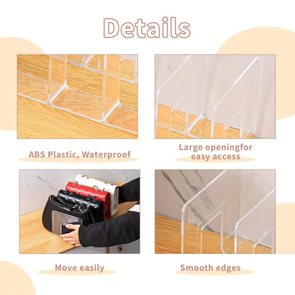 2pcs Clear Plastic Purse Handbag Organizer 4 Sections Bag Closet Shelf Divider Purse Display Stand Handbag Storage Organizer