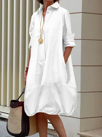 Yeezzi Women's Lapel Shirts Dress 2024 New Spring Summer Long Sleeves Loose Solid Color Casual Going Out Office Midi Dresses