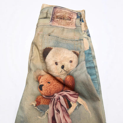 Retro Anime Jeans Y2K Clothing Mens Womens Hip Hop Anime Character Graphic Print Blue Baggy Jeans Casual Trousers