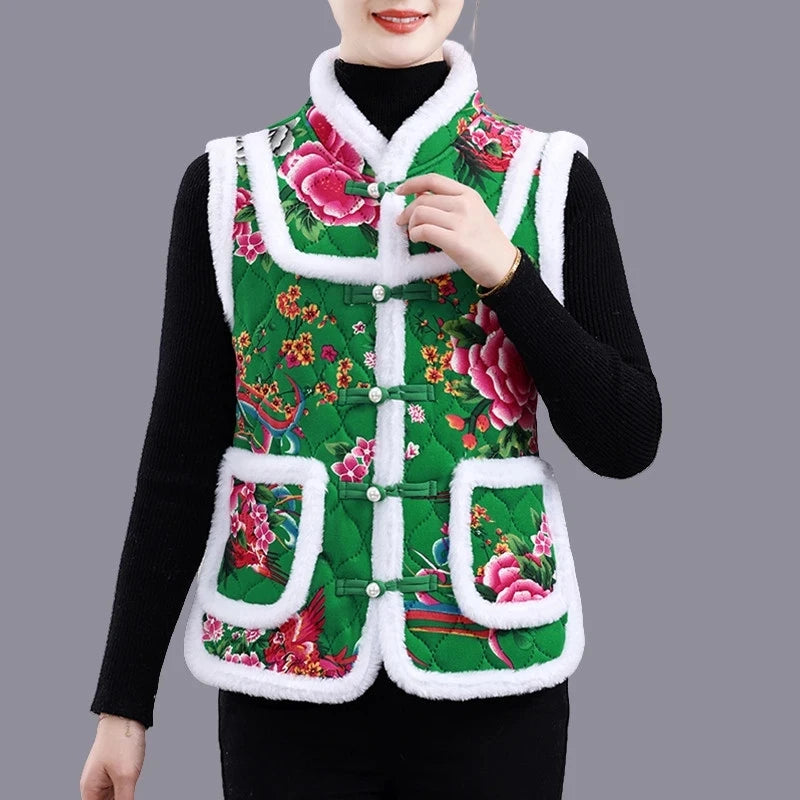 5XL Middle-aged Mother Vest Autumn Winter New Printed Fleece Vest Coat Female Sleeveless Jacket Grandma Thicken Warm Waistcoat