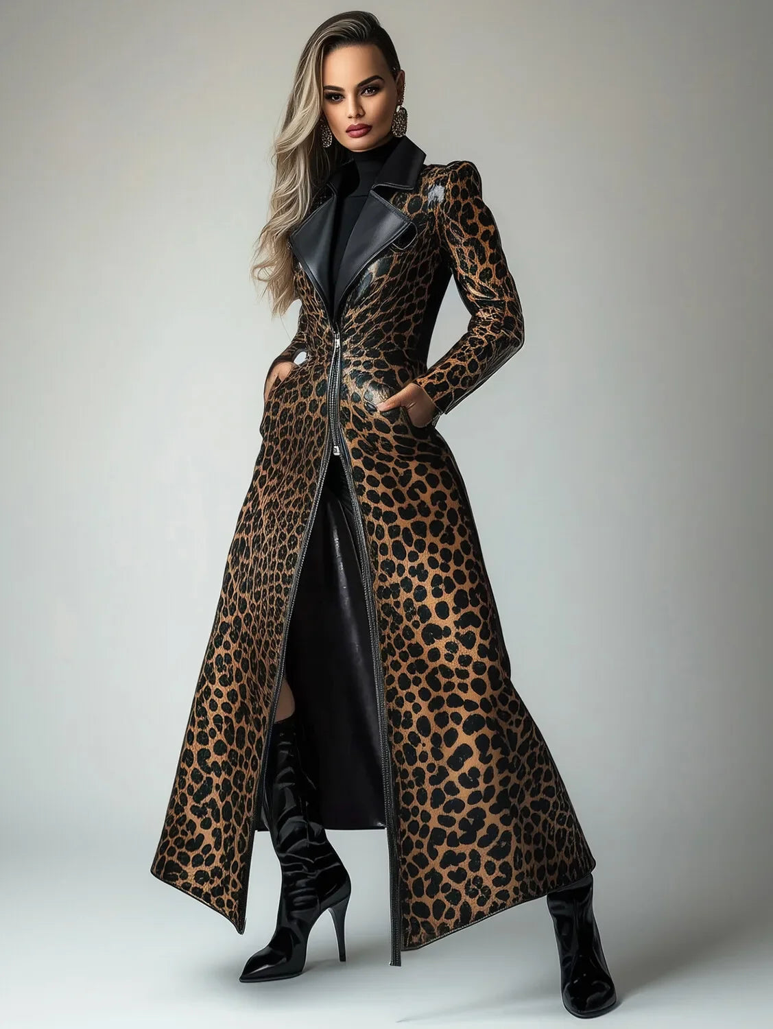 High Quality PU Leather Leopard Pattern Zipper Pocket Trench Coat for Women Fashion Extra Long Skirted Elegant Overcoat S-3XL
