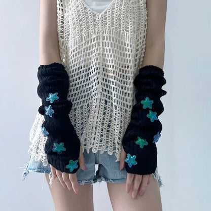 Punk Solid Color Star Knitted Gloves Y2k Gothic Wool Sleeve Cuff Long Hand Sleeve Arm Warmers Winter