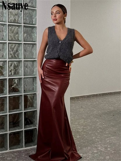 Nsauye Fashion Elegant PU Leather Long Package Skirts High Waisted Maxi Y2K Sexy Women Wrap Skirt Vintage Clothes 2025 Autumn