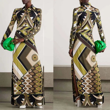 Summer 2025 Fashion Printed Tribal Style Dress With A Collar, Long Sleeves, Slit, And Body-hugging Design For Women.