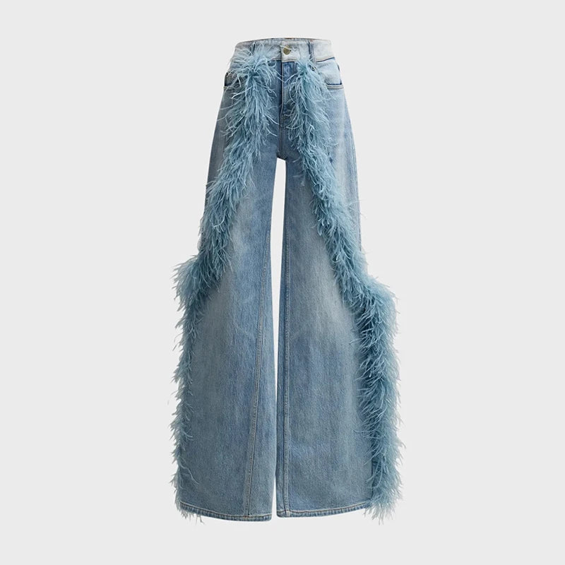 Feather Women's Pants Wide Leg Long Denim Loose High Waist Regular Casual Female Jeans Loose Spring Woman Baggy Basic Trousers