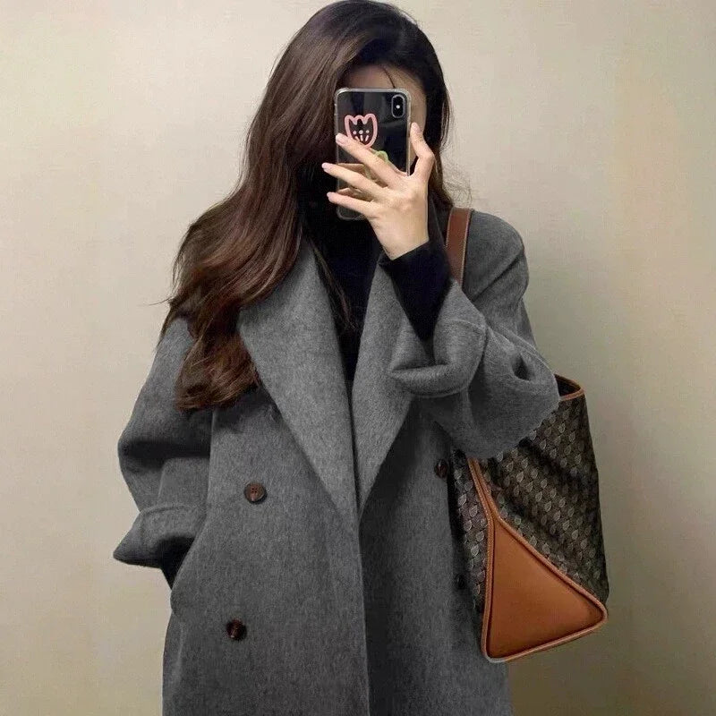 Grey Double-sided Cashmere Coat Women's 2025 Winter New Korean version Loose Thick Down Woolen Coats Solid Casual Long Overcoat