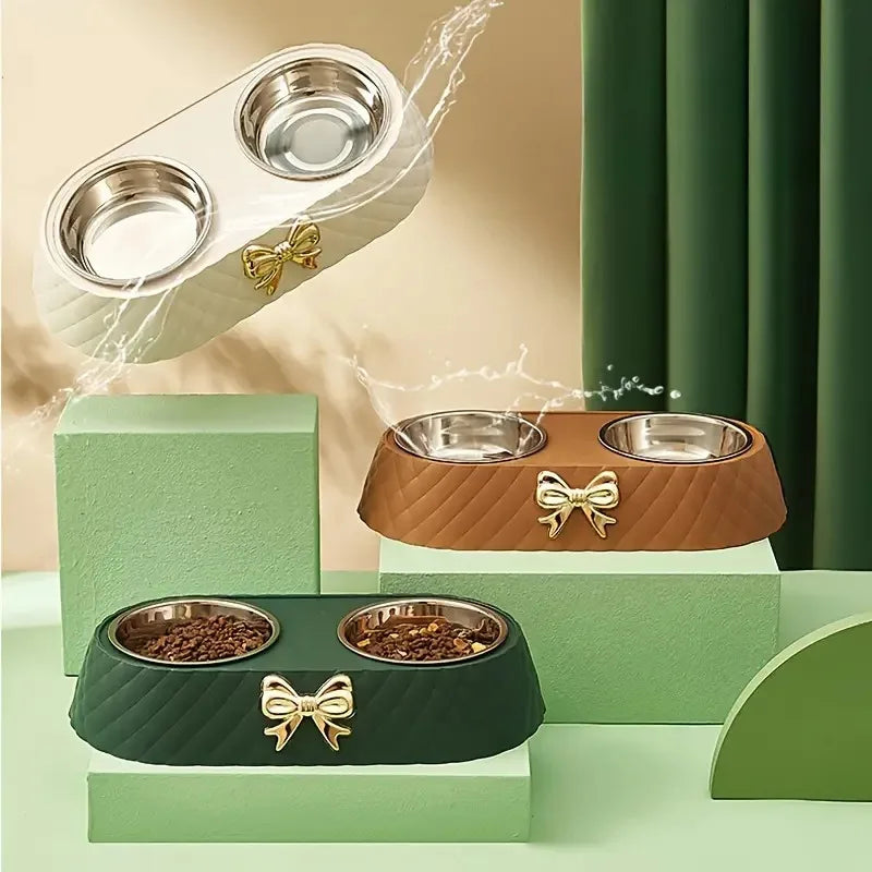 1PC Pet Pet Dog and Cat Food Bowls Bowtie Dog Food Drinking Double Bowl Pet Supplies