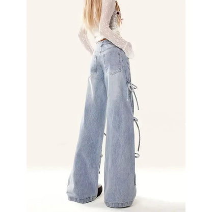 MEXZT Y2K 2000S Jeans Women Vintage Streetwear Bow Bandage Wide Leg Denim Pants Harajuku Korean Baggy Casual Straight Trousers