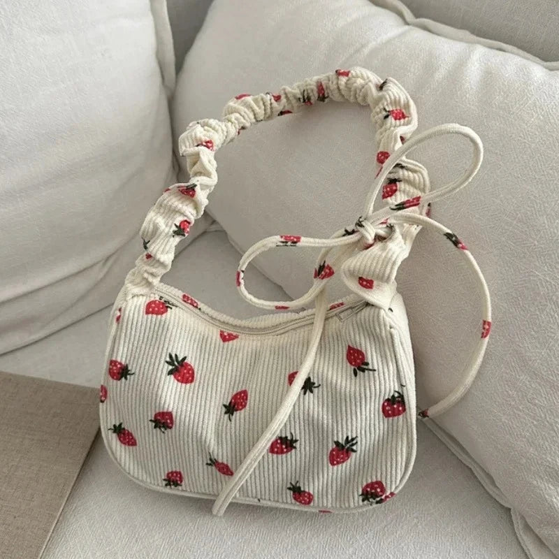 Small Underarm Bag For Women Corduroy Handbag Cute Strawberry Print Little Tote Half Moon Design Eco Cloth Mini Shoulder Bag