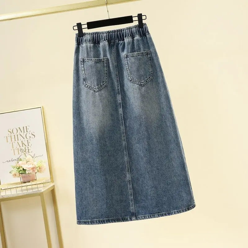 Spring/Summer 2026New Lady Drawstring Elastic Waist Split Denim Skirt High Waist Slim Retro Denim Casual A-Line Skirts Female