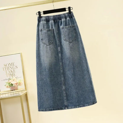 Spring/Summer 2026New Lady Drawstring Elastic Waist Split Denim Skirt High Waist Slim Retro Denim Casual A-Line Skirts Female