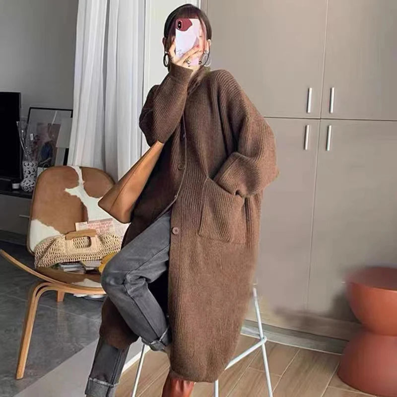 Solid Loose High Neck Women Mid Length Sweater Coat Spring Autumn Korean Single Breasted Casual Long Sleeve Knit Cardigan 6762#