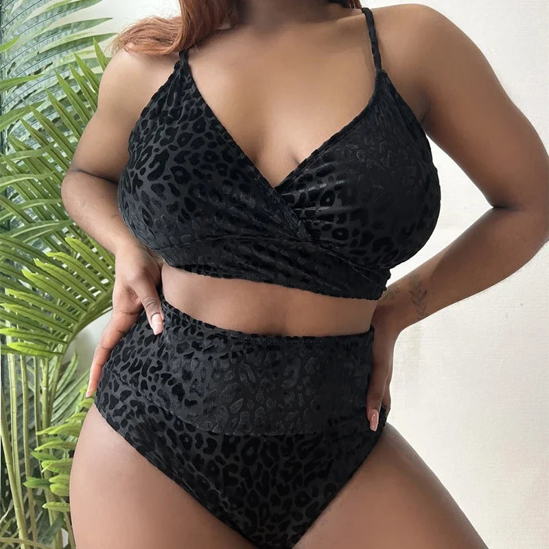 Large Size 4XL Women Leopard Swimsuit Sexy V Neck Backless Bikini Set High Waist Swimwear Push Up Beachwear Bathing Suit Tankini