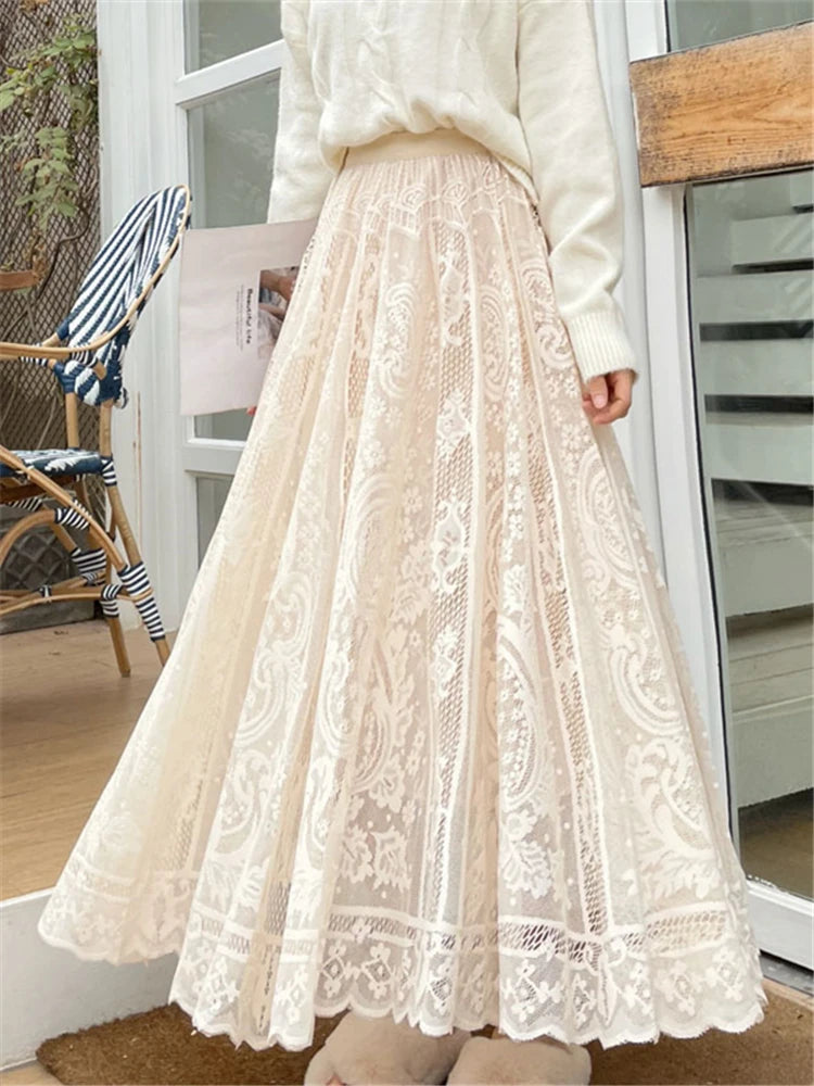 REALEFT Vintage Women's Lace Crochet Umbrella Long Skirts Bohemian High Waist Hollow Out Female Maxi Skirts Spring Summer