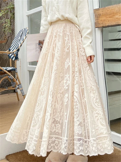 REALEFT Vintage Women's Lace Crochet Umbrella Long Skirts Bohemian High Waist Hollow Out Female Maxi Skirts Spring Summer