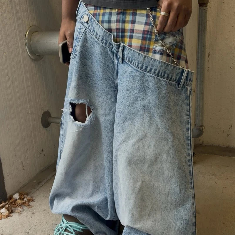 New retro striped patchwork hip hop high street women jeans Y2K fashion washed side panels men and women ripped loose jeans