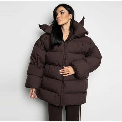 Winter Warm Hooded Cotton Jacket Women Fashion Standneck Zipper Long Sleeves Oversize Coats 2025 Female Chic Casual Outerwear