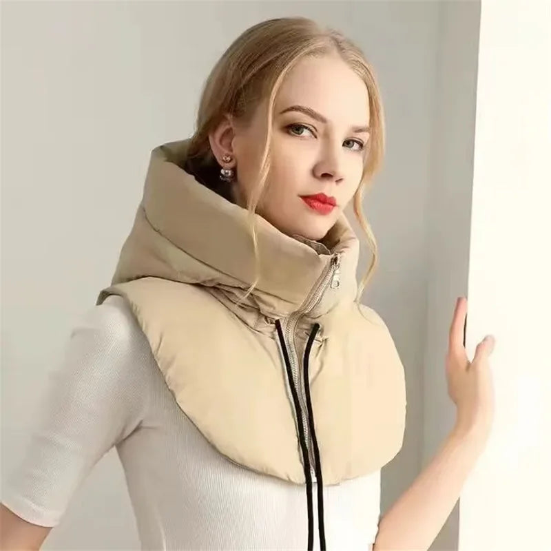 2024 New Winter Cotton Thickened Hooded Jacket Women Male Bracket Mock Collar Zipper Cape Beanies Casual Scarf Wind Snow Cap