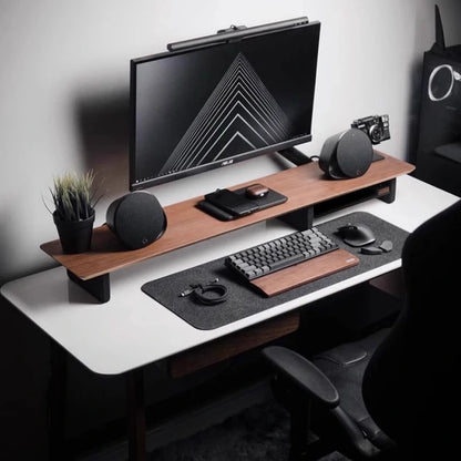 Walnut Wood Computer Riser with Drawers Desktop Storage Rack Double-Layer Monitor Stand Modern Office Space Saving Organizer
