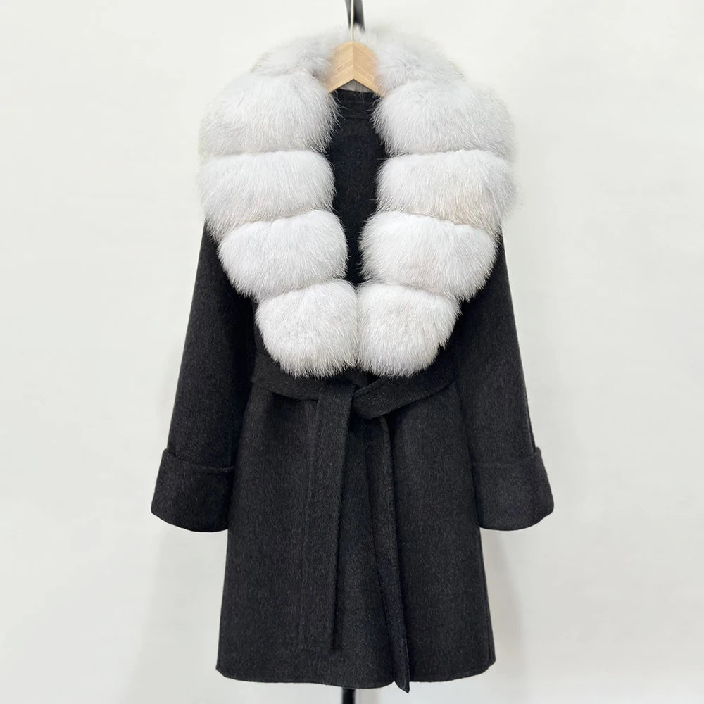 GENHUA 2025 New Winter Cashmere Wool Blends Women Natural Fox Fur Collar Cuffs Slim Fit Suit Double Sided Woolen Trench Coat