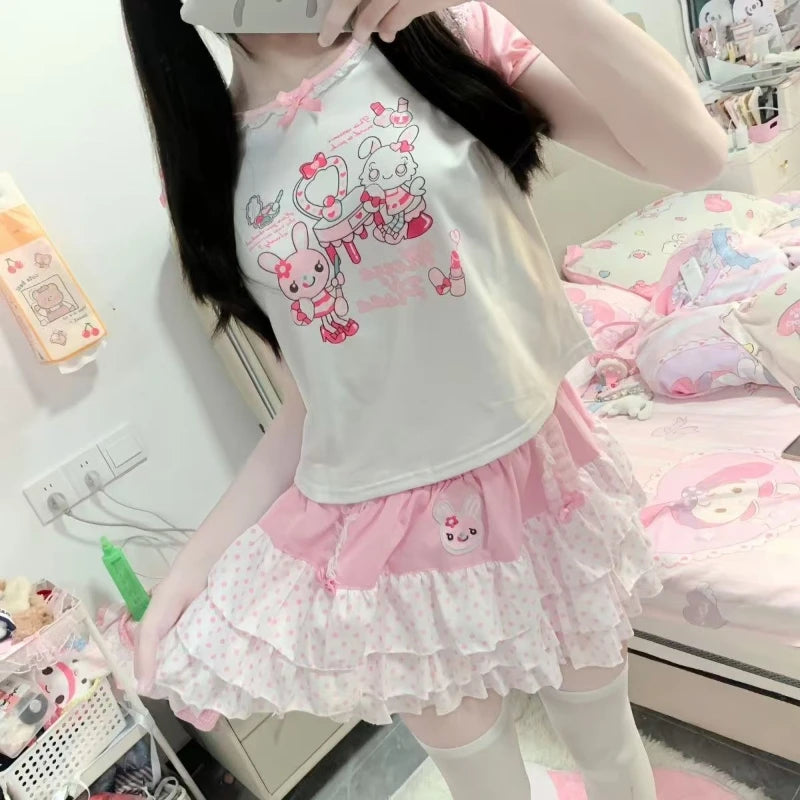 Sweet Japanese Elastic Waist Pink Polka Dot Skirts Kawaii Fashion Patchwork Loose Short Skirt Women's Design Bow Lovely Outfits