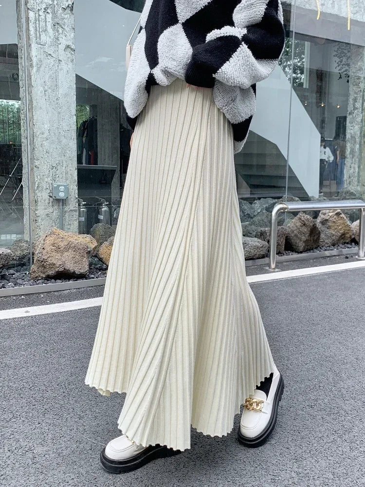 Autumn Winter Women's Long Skirt High Waist Knitted A-line Pleated Skirt Ladies Elegant Solid Gray Loose Casual Skirts for Women