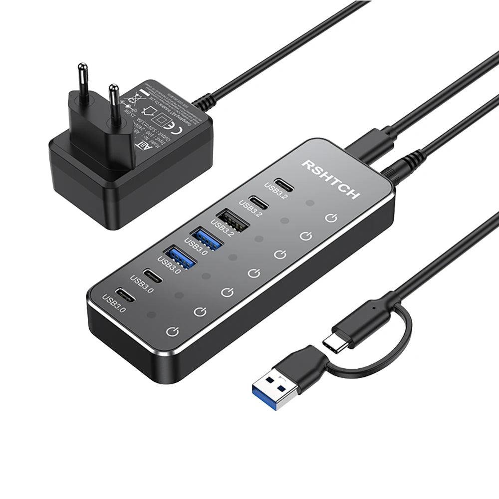RSHTECH Powered 7 Port 10Gbps Data USB Hubs Individual On/Off  Touch Switches Splitter for Surface Windows PC Laptop Desktop