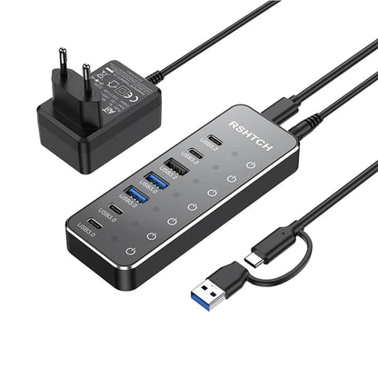 RSHTECH Powered 7 Port 10Gbps Data USB Hubs Individual On/Off  Touch Switches Splitter for Surface Windows PC Laptop Desktop