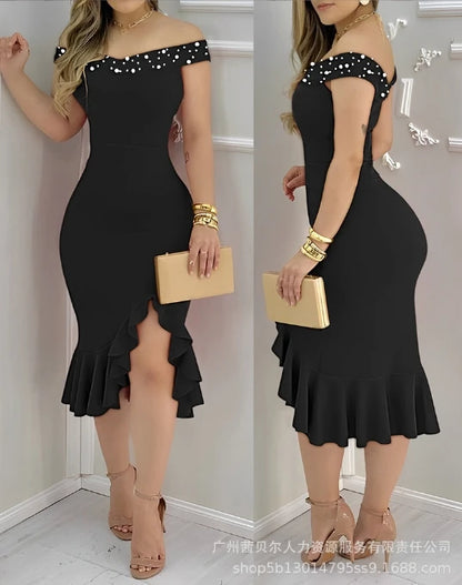 Casual Women's Dresses 2025 Spring Geometric Color Block Printed Ruffle Hem Off Shoulder Short Sleeved Casual Daily Midi Dress