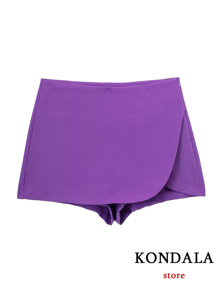 KONDALA Women Fashion 2025 Casual Mini Asymmetrical Skirts Shorts High Waist Back Pockets Wide Leg Skirts Zipper Female Shorts