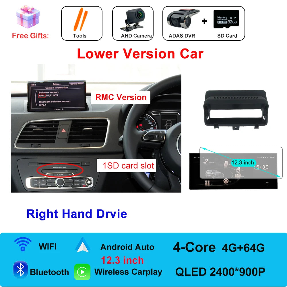 Car Radio Navigation GPS Multimedia Video Player Tools For Audi O3 2013-2018 Right Hand Drvie Android 16 Auto Carplay 12.3"
