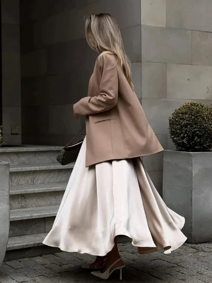 Elegant Women's Skirt Autumn Satin Silk Long Skirts for Women Fashion 2025 Lady Solid Color Khaki White High Waist Skirt Women