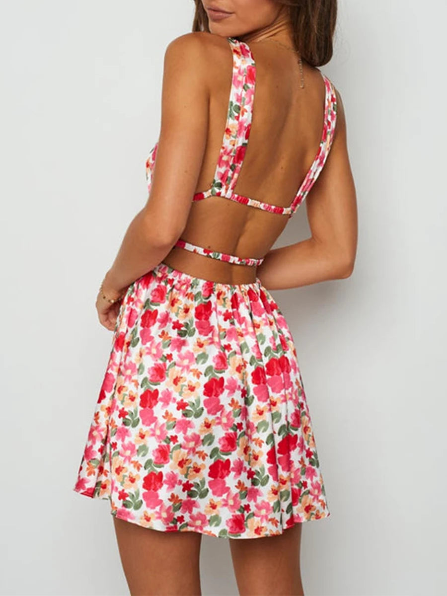New Backless Sexy Women Mini Dress Sleeveless V Neck Backless Flower Print Summer Club Party Dress Sundress Streetwear S M L
