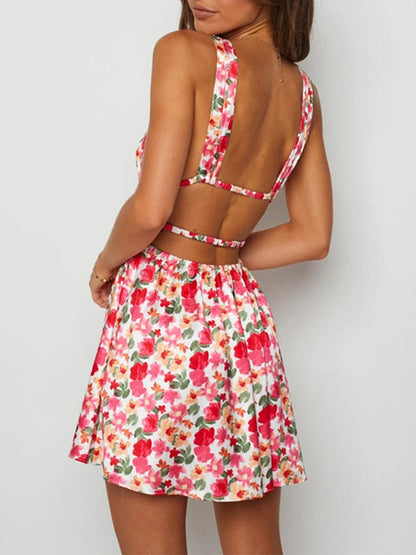 New Backless Sexy Women Mini Dress Sleeveless V Neck Backless Flower Print Summer Club Party Dress Sundress Streetwear S M L