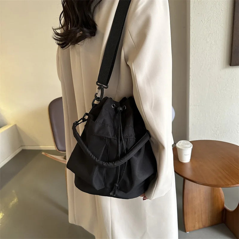 Fashion Women Oxford Cloth Bucket Bag, Large Capacity Drawstring Versatile Casual Shoulder Crossbody Bag Daily Use