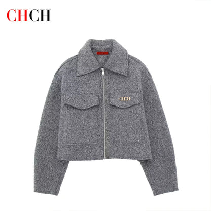 Women Cropped Jacket Elegant Lapel Autumn Long Sleeve Solid Pocket Jackets Fashion Street Office Lady Zipper Casual Coats