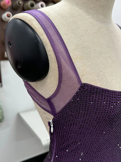 DEAT Fashion Rhinestone Purple Spaghetti Strap Evening Dress Women's Slim Backless Ankle-length Dresses New 7A2294