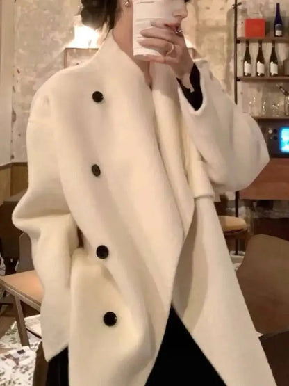 [LANMREM] Fashion Solid Color Loose Wool Coat For Women Turn Down Collar Single Breasted Coats 2025 Winter New Tide 26DA1533