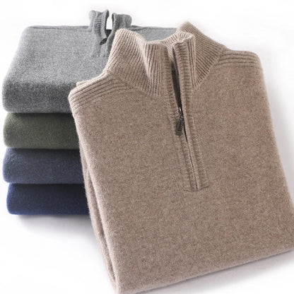 Autumn and Winter New Men's 100% Merino Wool Sweater Casual Knitted Business Half Zip Pullover Thickened Warm Long Sleeve Sweate