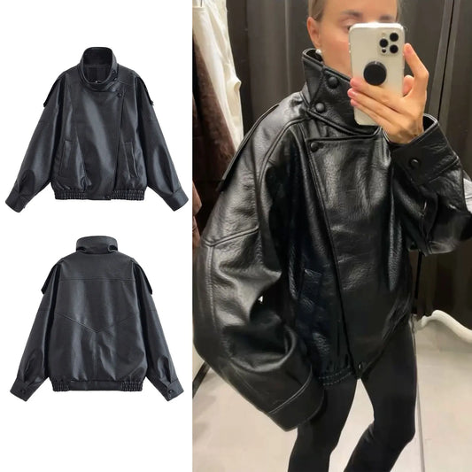 HH Street Fashion Asymmetric Leather Jacket For Women Long Sleeves Zipper With Pockets Turtleneck Autumn Retro Loose Coats