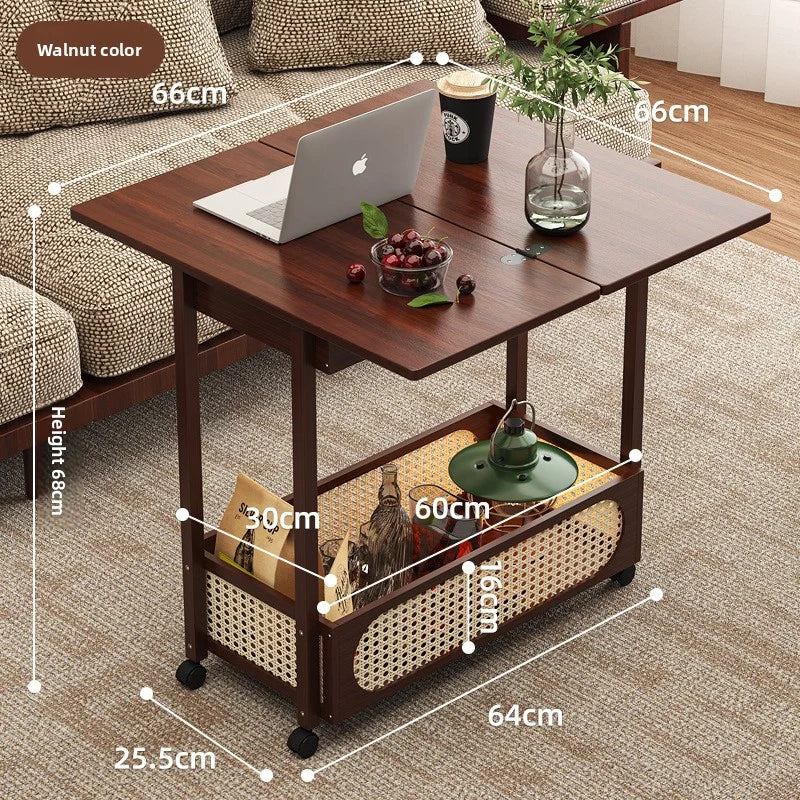 Wooden antique style coffee table, mobile coffee table, sofa side table, cart with pulley storage rack, rattan fence decoration