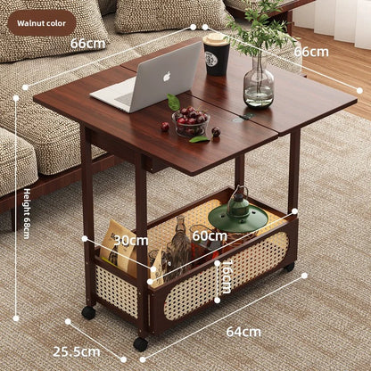 Wooden antique style coffee table, mobile coffee table, sofa side table, cart with pulley storage rack, rattan fence decoration