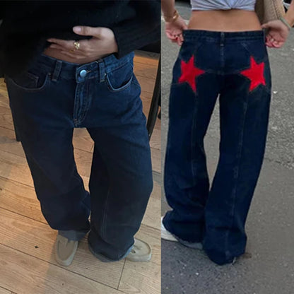 Women's Y2K Vintage Jeans Aesthetic Star Pattern Print Loose Straight Leg Denim Long Pants Casual Low Waist Trousers